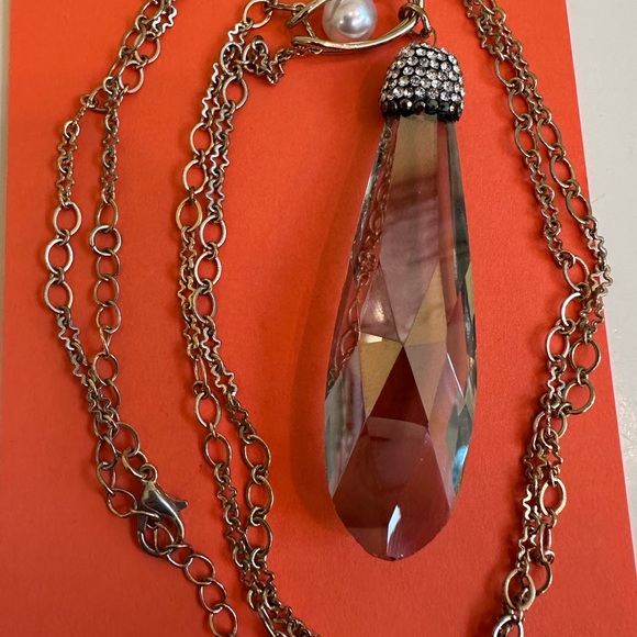 Pendant Necklace EUC Gold Chain-Heavy faceted smoky Crystal Capoed Glass + Pearl - Picture 2 of 5